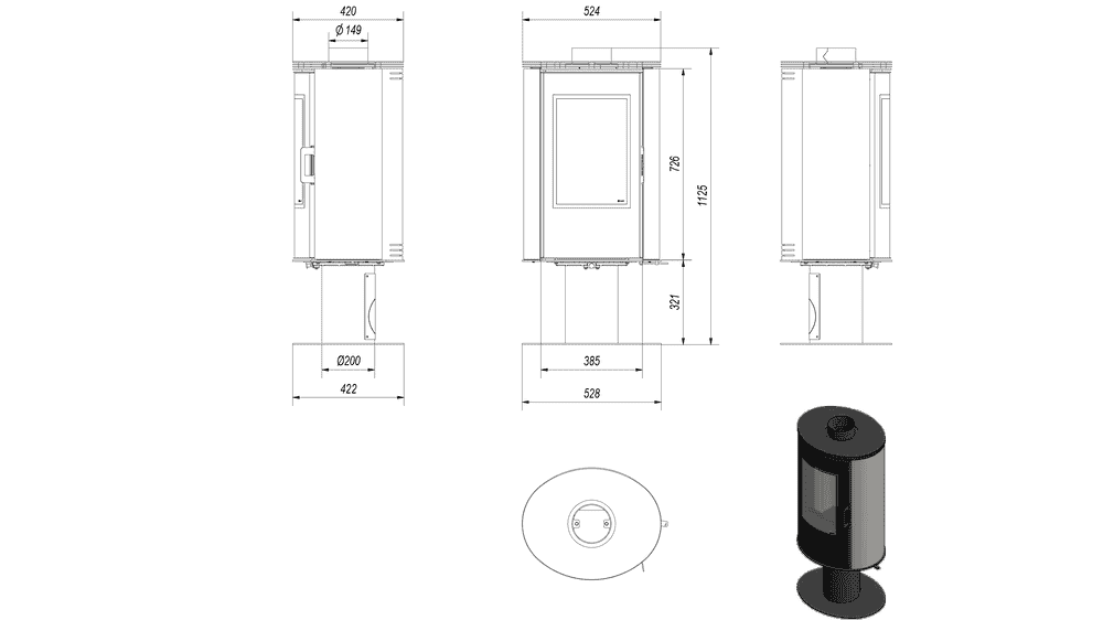 Kratki AB S/N/O/DR/GLASS - Kachelofen aus stahl drehbar Ø 150 8 kW schwarze Kachel