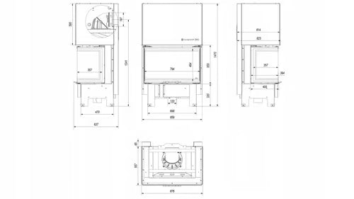 Kamineinsatz NBC 800/400 - 10 kW Ø 200 - Stahlfront mit Siebdruckglas - Dreiseitiger Aufzug