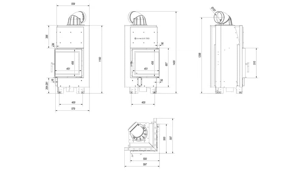 Kamineinsatz aus Stahl MBN - 8 kW Ø 200 - Stahlfront mit Siebdruckglas