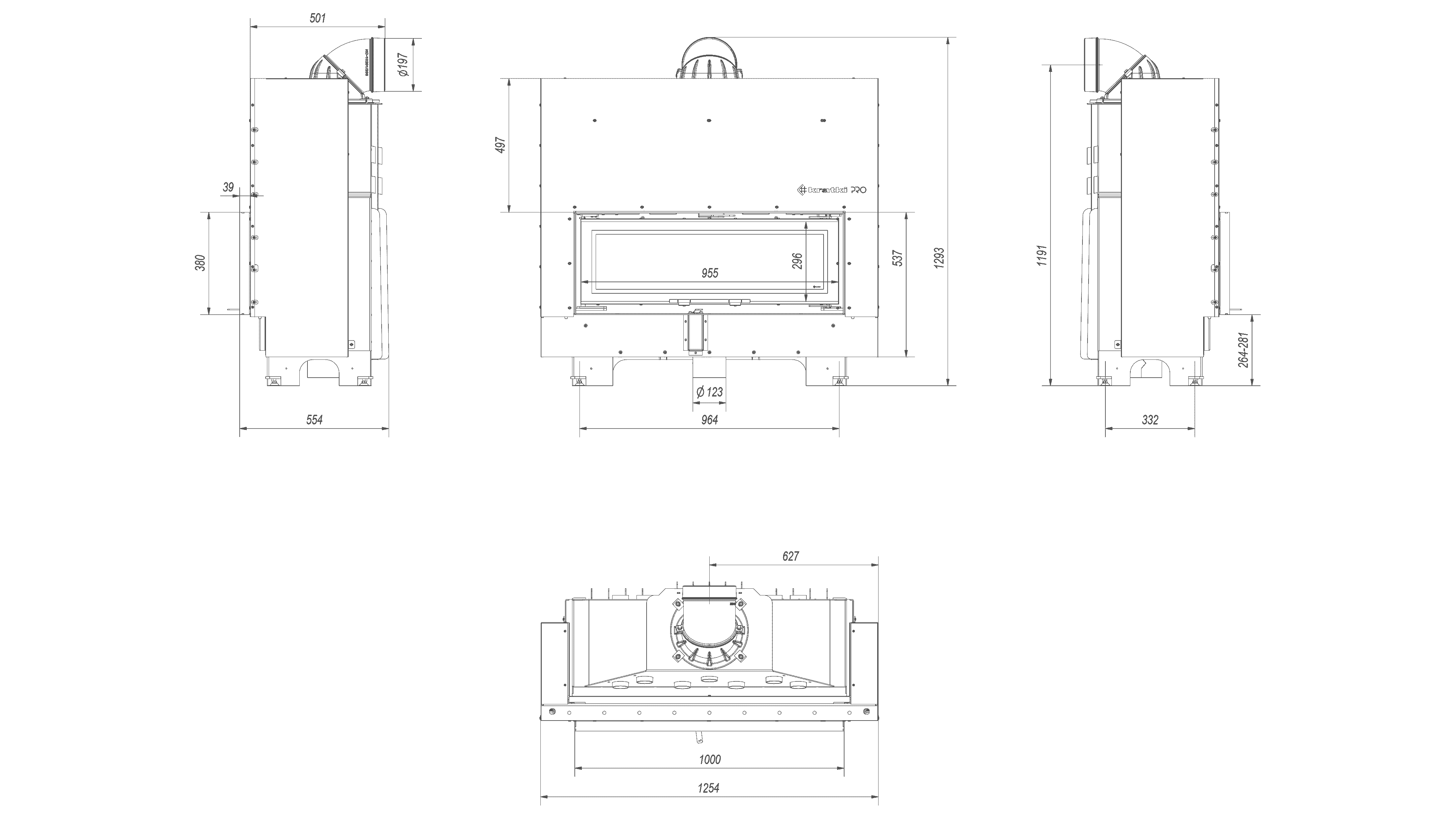 Kamineinsatz aus Stahl MB100 - 14 kW Ø 200 - Stahlfront mit Siebdruckglas