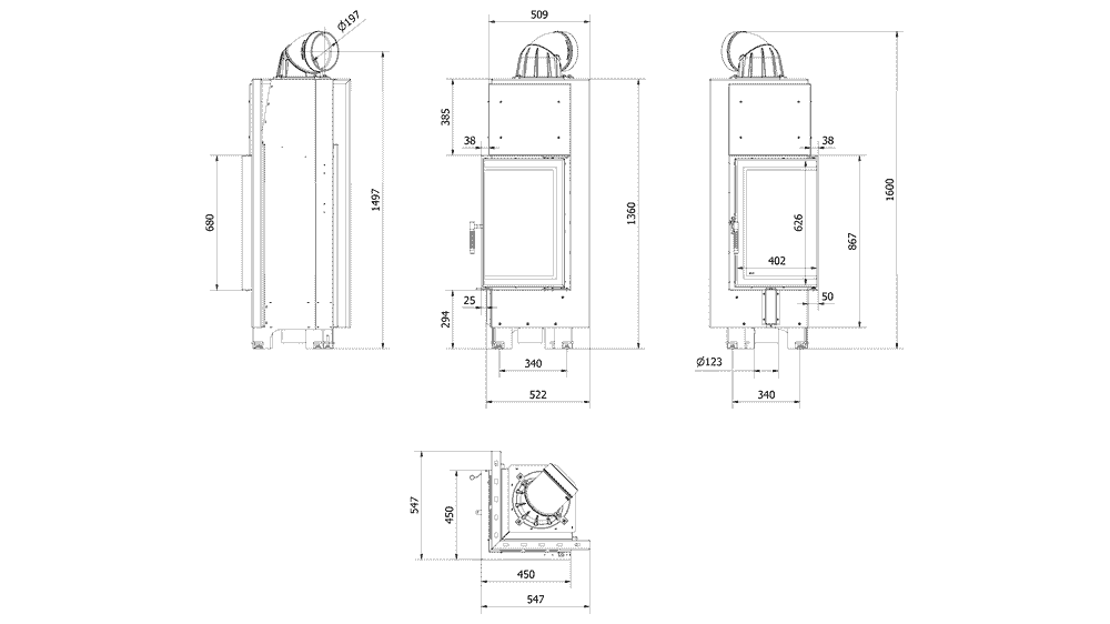 Kamineinsatz aus Stahl MBN 680 - 10 kW Ø 200 - Stahlfront mit Siebdruckglas