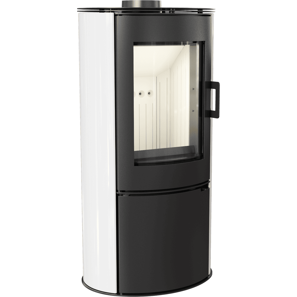 Kachelofen aus Stahl AB S/DR Ø 150 8 kW weiss Kachel