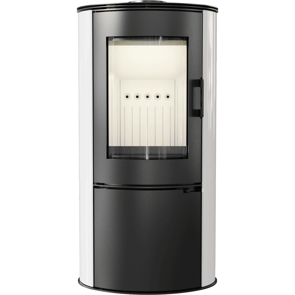 Kachelofen aus Stahl AB S/DR Ø 150 8 kW weiss Kachel