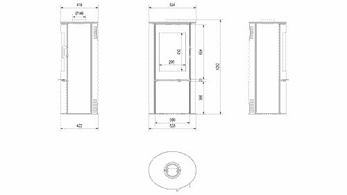 Kachelofen aus Stahl AB S/DR Ø 150 8 kW weiss Kachel