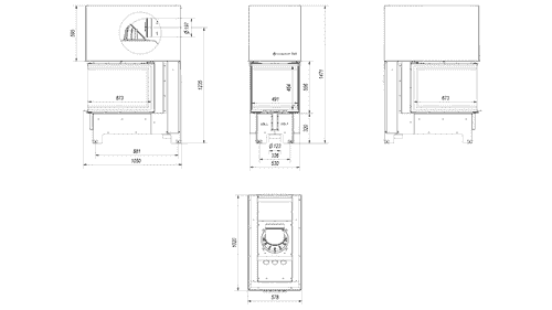 Kamineinsatz NBU 500/700 - 11 kW Ø 200 - Stahlfront mit Siebdruckglas - Dreiseitiger Aufzug