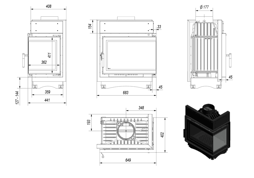 Kamineinsatz LUCY SLIM 10 kW Ø 160 Doppelverglassung schwarz Verkleidung