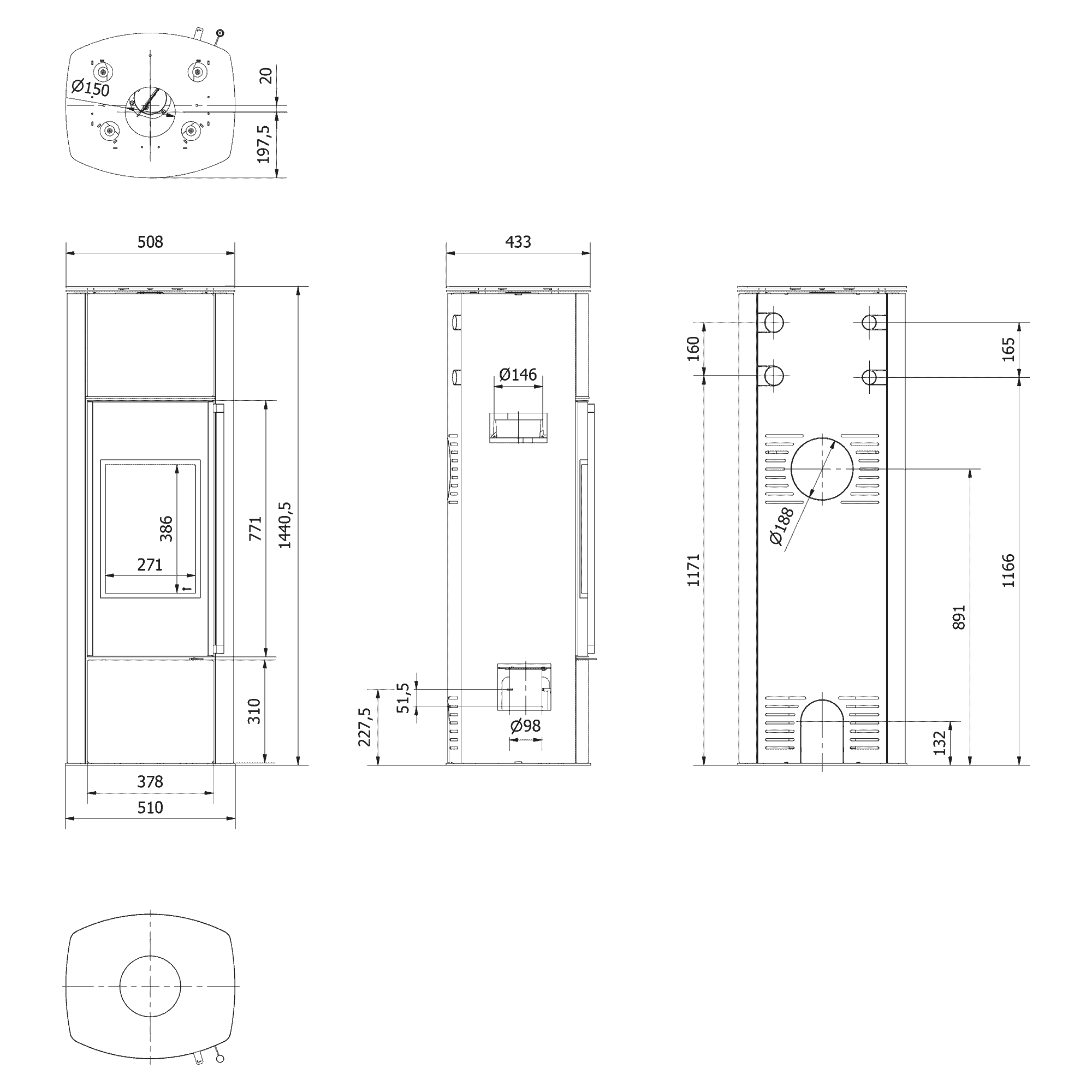 Freistehender Stahlofen AB ENYO R Hoch 5,5 kW Ø 100/150 schwarz Verkleidung