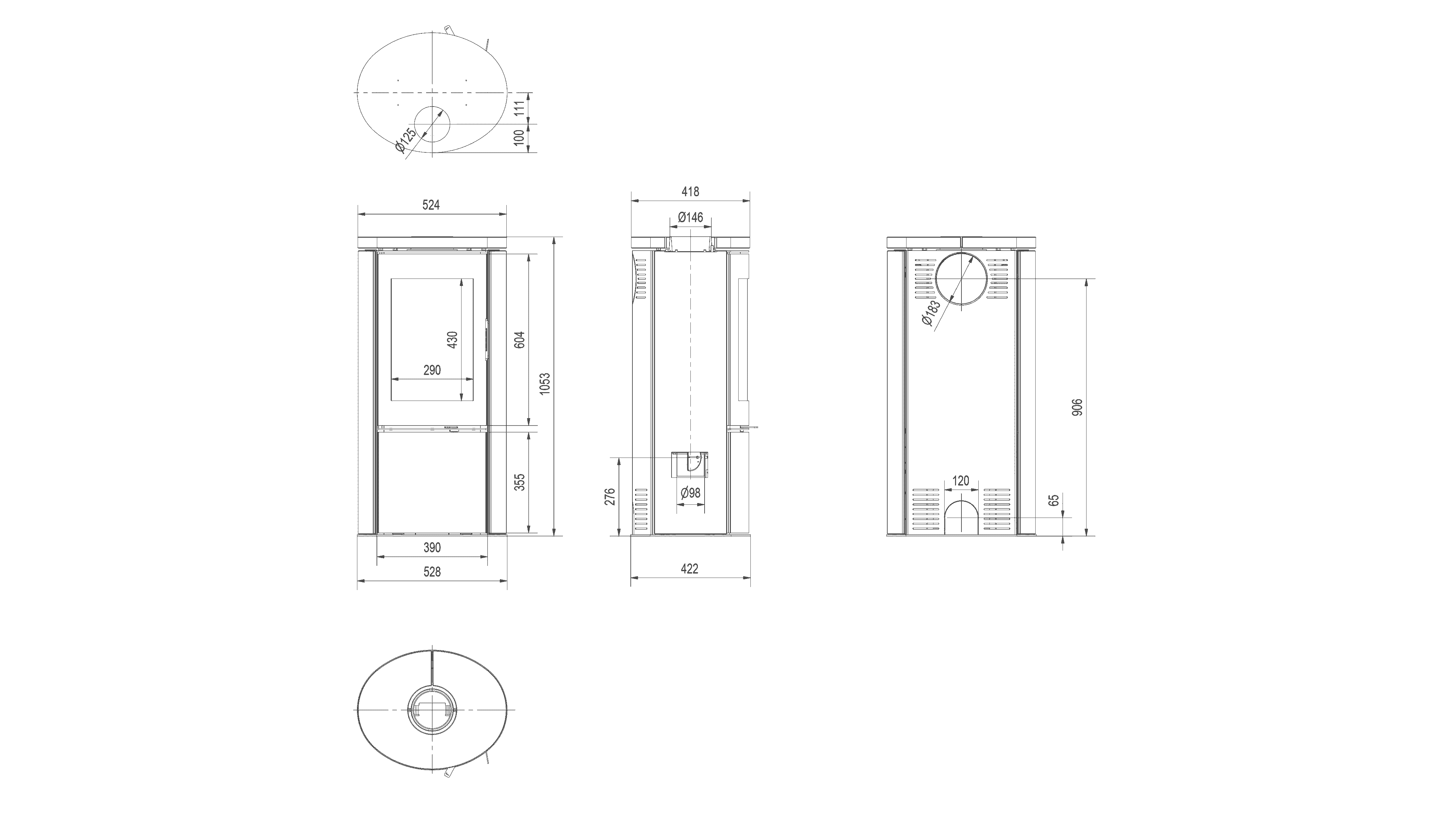 Kratki KOZA AB S/DR - Stahl Ofen 8 kW Ø 150 betongrau