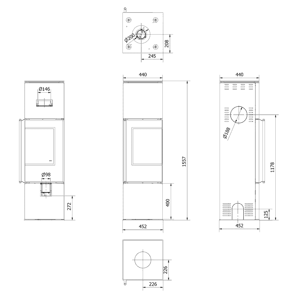 Kratki REN/M rechts - Kaminofen aus Stahl Ø 150 7 kW schwarz Verkleidung mit Türfeder