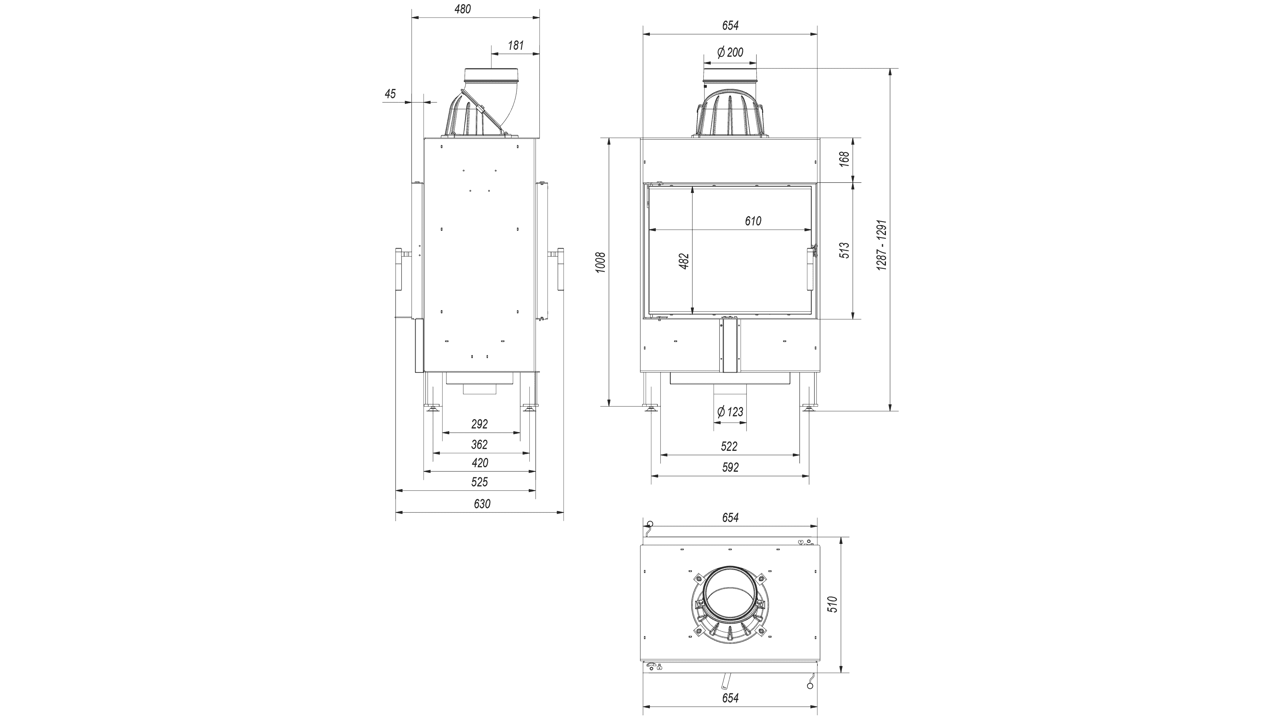 Kamineinsatz aus Stahl LUCY 12 kW Ø 200 schwarz Verkleidung