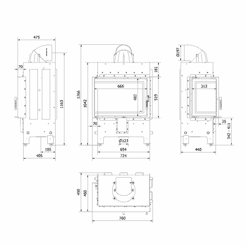 Kamineinsatz aus Stahl LUCY 12 kW Ø 200 schwarz Verkleidung