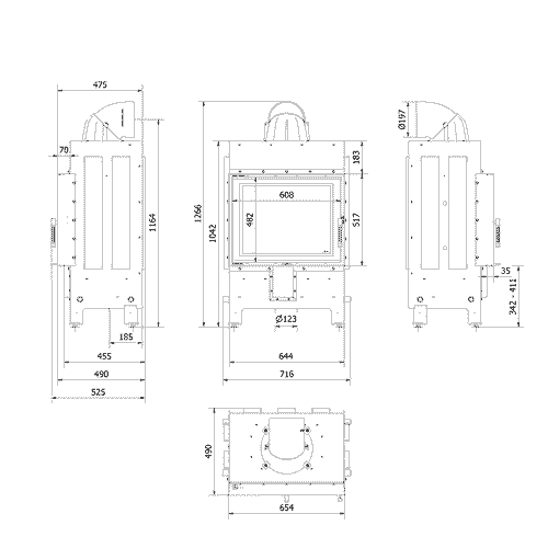 Kamineinsatz aus Stahl LUCY 12 kW Ø 200 schwarz Verkleidung