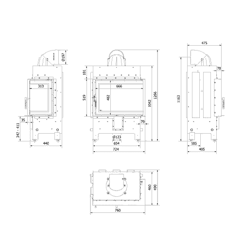 Kamineinsatz aus Stahl LUCY 12 kW Ø 200 schwarz Verkleidung