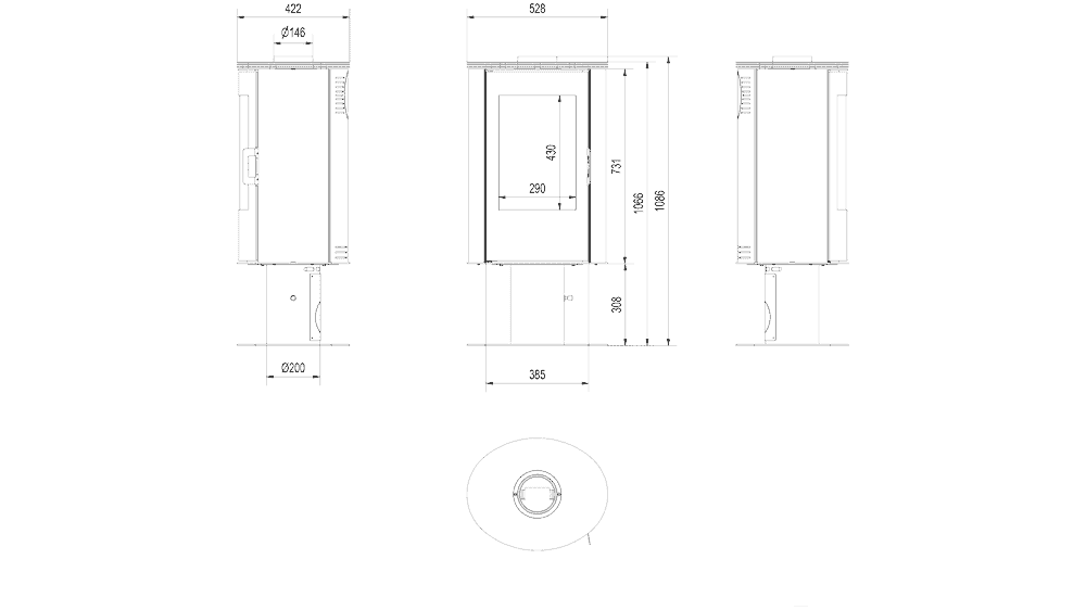 Kachelofen aus stahl AB S/N/DR mit Standfuss Ø 150 8 kW schwarz Kachel