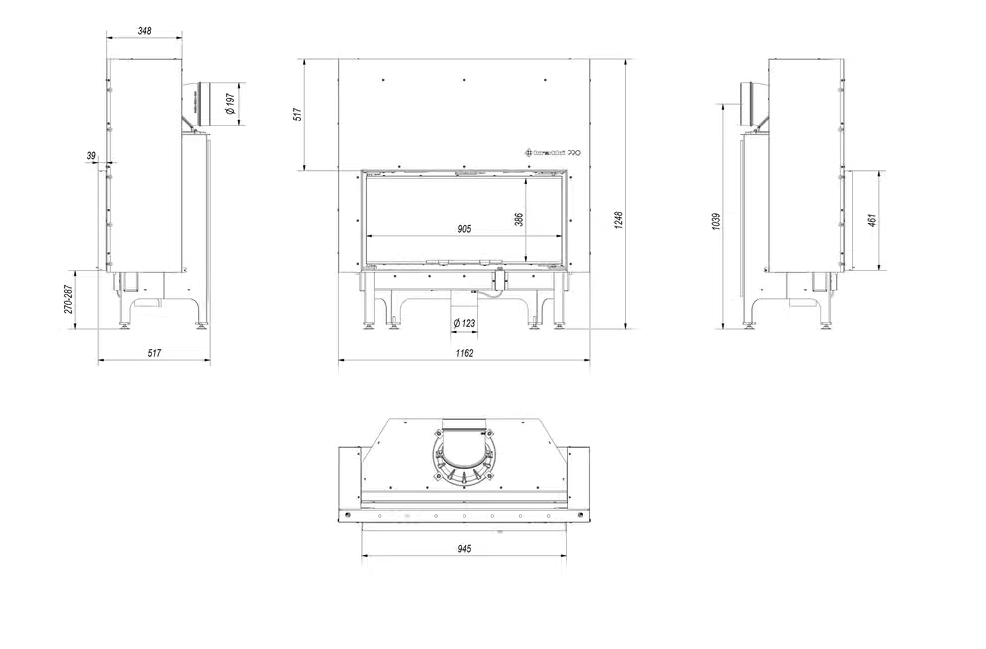 Kamineinsatz aus Stahl NADIA 14 kW Ø 200 mit Schiebetür schwarz Verkleidung