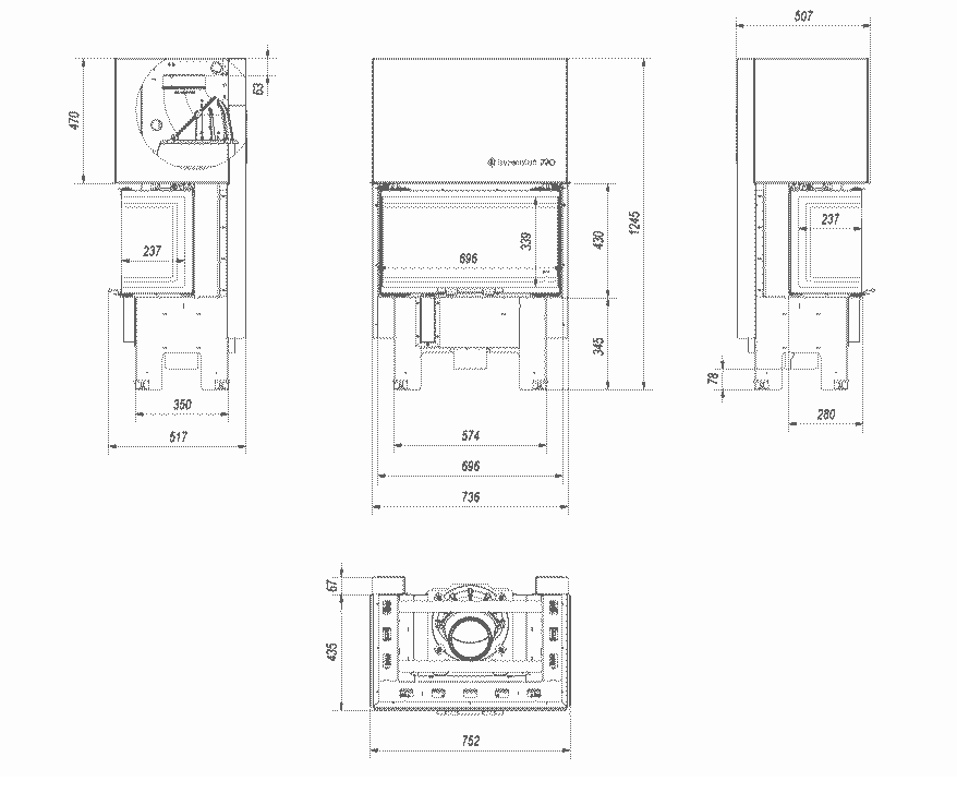 Kamineinsatz Gusseisen SIMPLE links 8 kW Ø 200 mit Türfeder