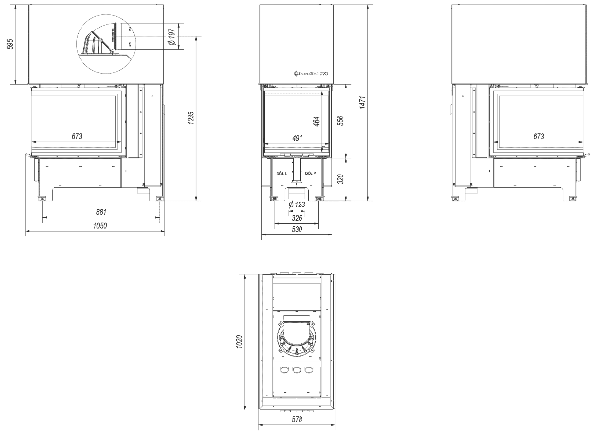 Kamineinsatz aus Stahl VNP 810/410 14 kW Ø 200 mit Schiebetür