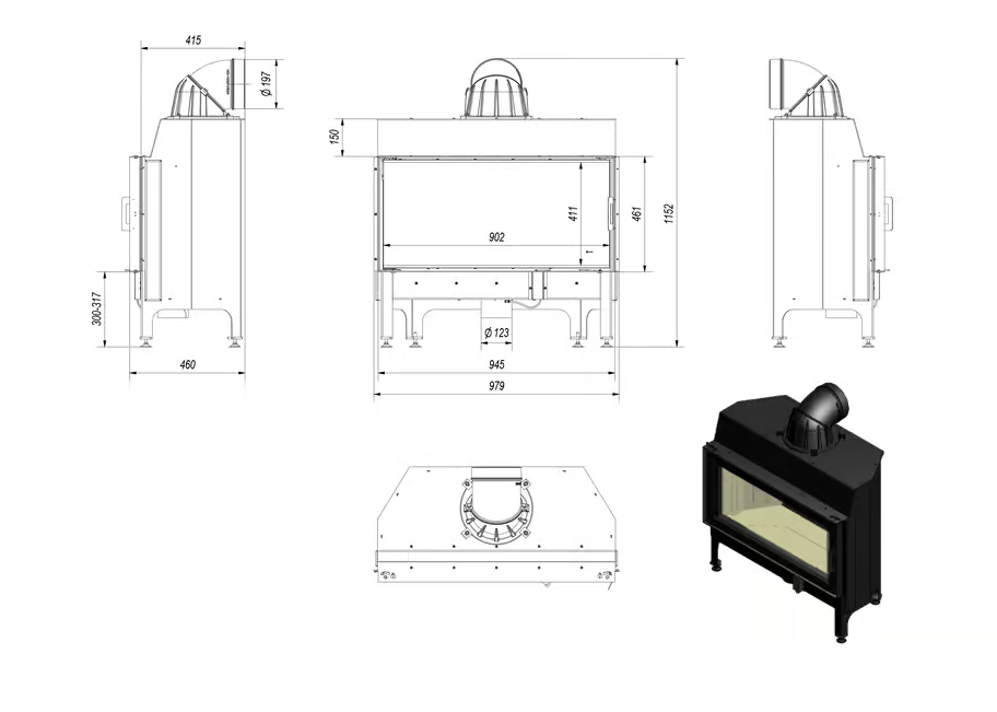 Kamineinsatz aus Stahl NADIA 14 kW Ø 200 schwarz Verkleidung