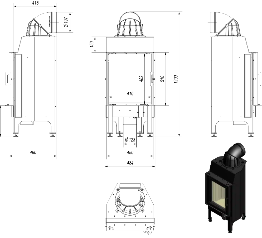 Kamineinsatz aus Stahl LUCY 15 kW Ø 200 schwarz Verkleidung