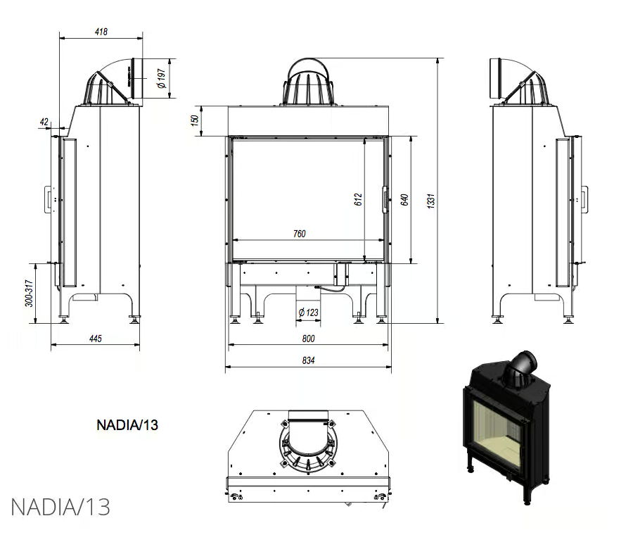 Kamineinsatz aus Stahl NADIA 13 kW Ø 200 Doppelverglassung