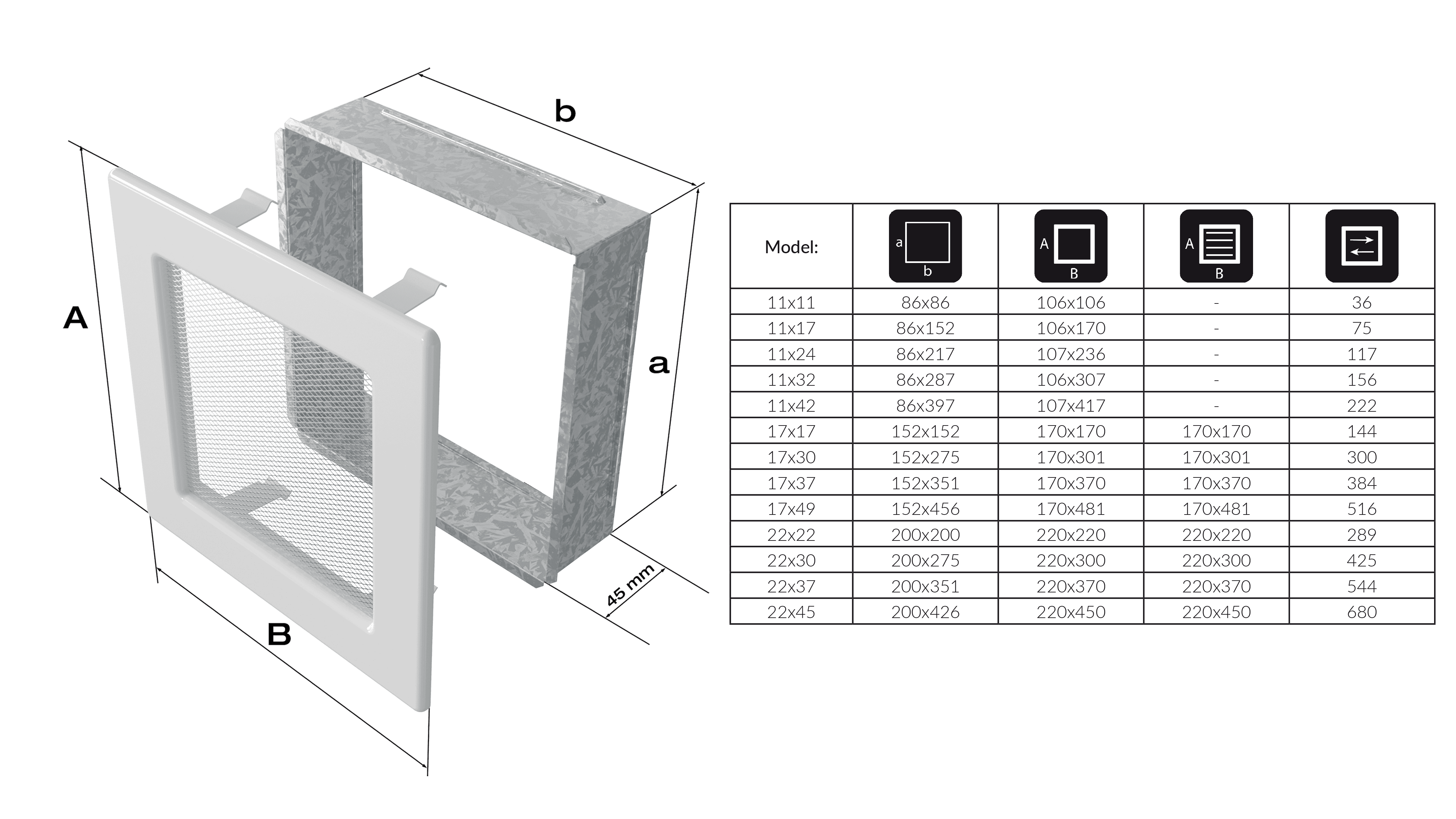 Alle Farb- und Größenvarianten des Lüftungsgitters Oskar mit 11cm Variation