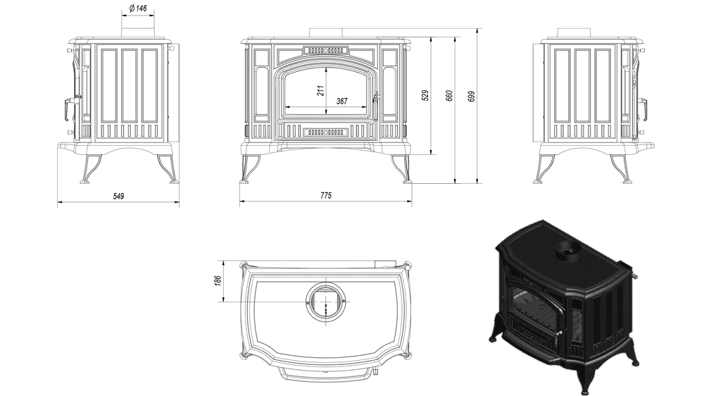 Gußeisen Kaminofen K9 Automatikregulierung Ø 150 10 kW