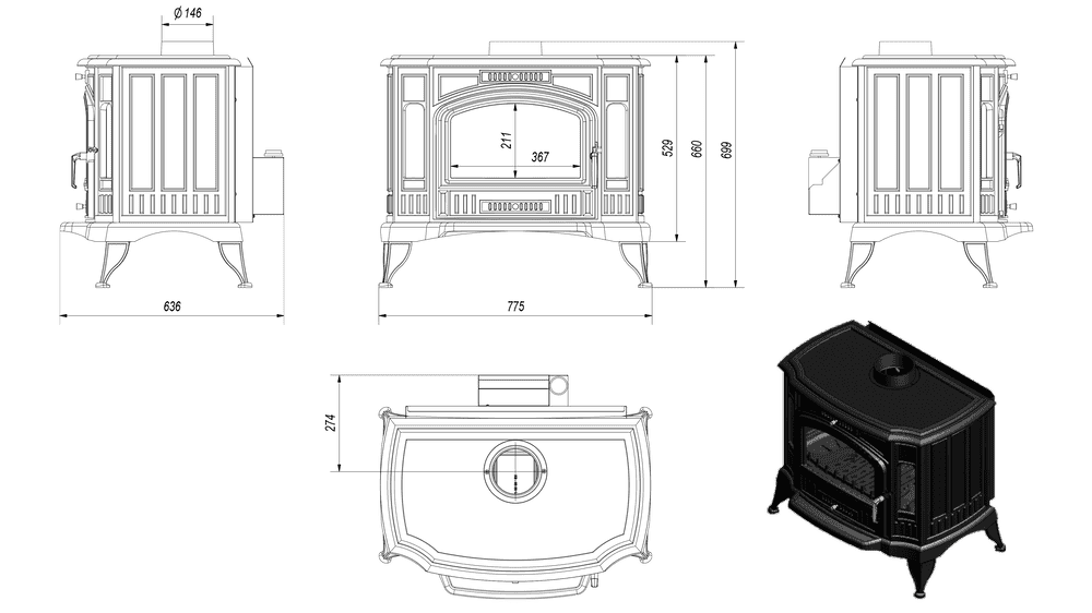 Gußeisen Kaminofen K9 Turbofan Ø 150 10 kW