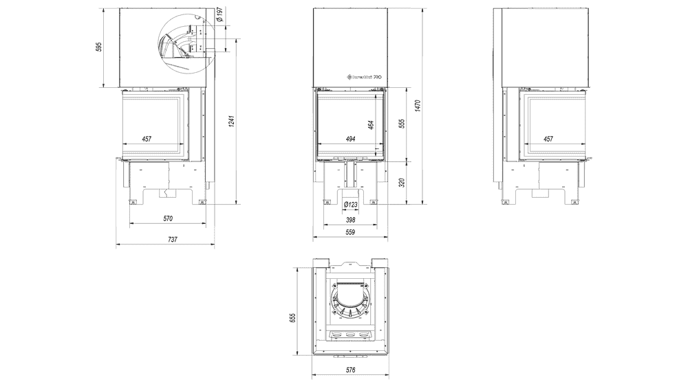 Kamineinsatz NBC 500/500 - 8 kW Ø 200 - Stahlfront mit Siebdruckglas - Dreiseitiger Aufzug