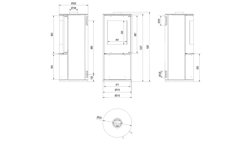Kratki PICARD - Kaminofen aus Stahl Ø 150 9 kW mit Türfeder