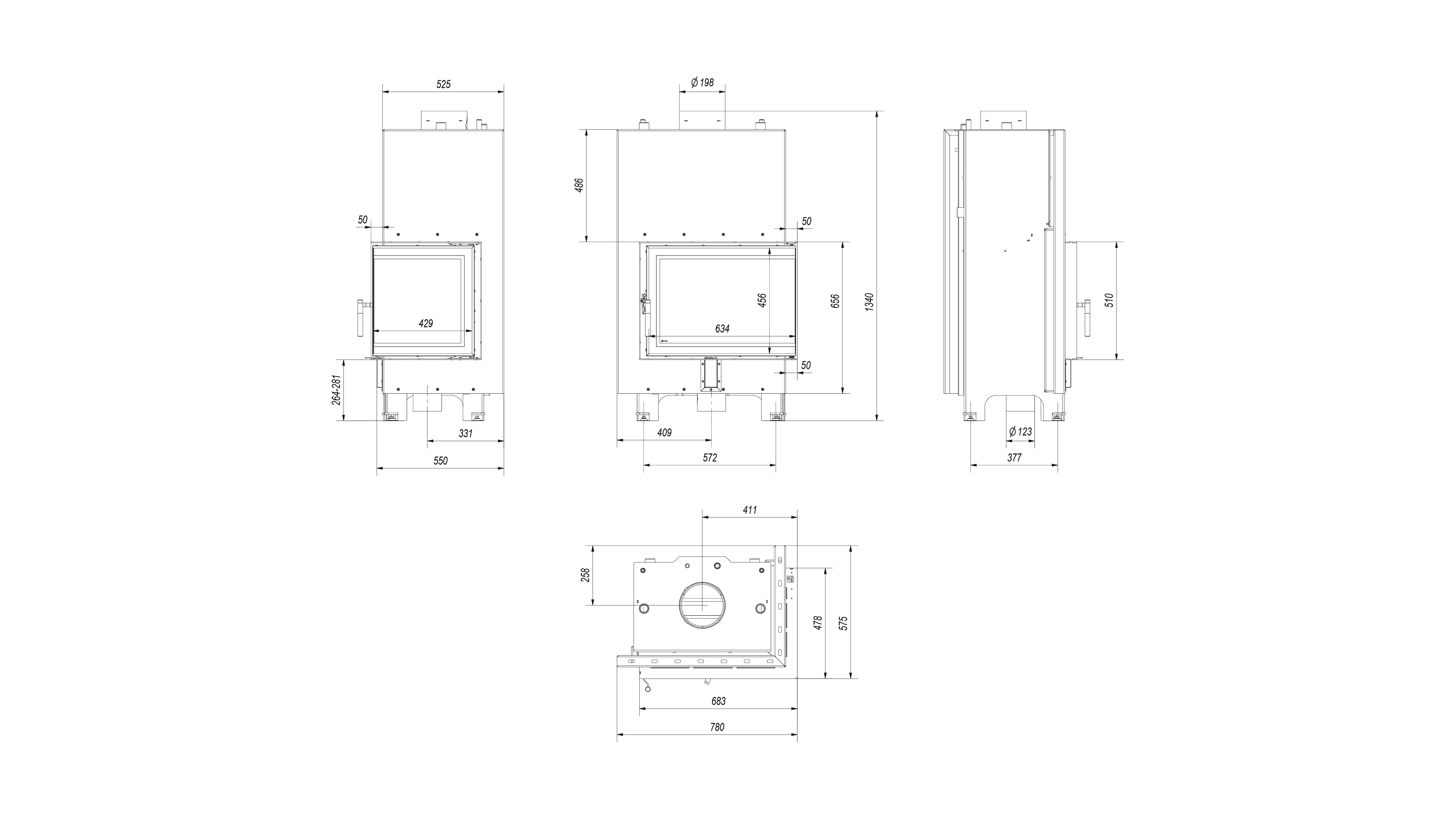 Wasserführender Kamineinsatz MBZ rechts 13 kW Ø 200 schwarz Verkleidung