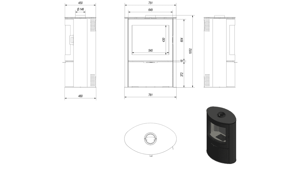 Kratki AB S/2 - Kaminofen aus stahl Ø 150 10 kW schwarz Verkleidung