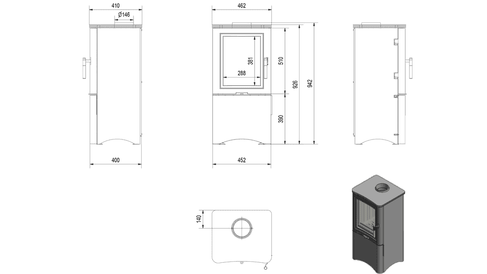 Kratki K5 - Kaminofen aus Stahl Ø 150 7 kW regal für holz mit Tür