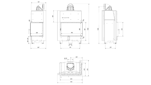 Kamineinsatz aus Stahl MBO - 15 kW Ø 200 - Stahlfront mit gebogenem Siebdruckglas