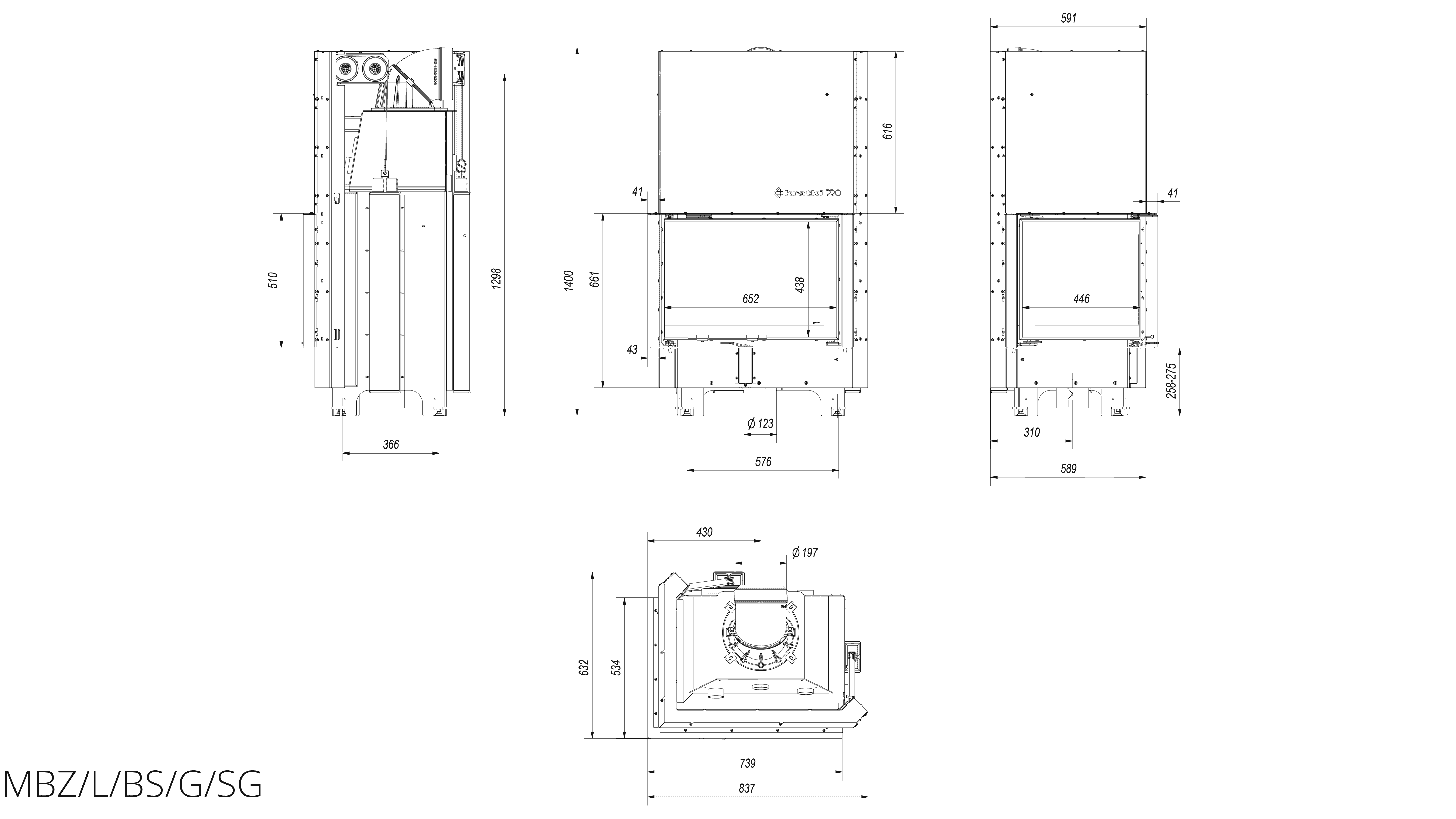 Kamineinsatz aus Stahl MBZ links 13 kW Ø 200 mit Schiebetür gebogenes Glas Schwarze Thermotec-Auskleidung