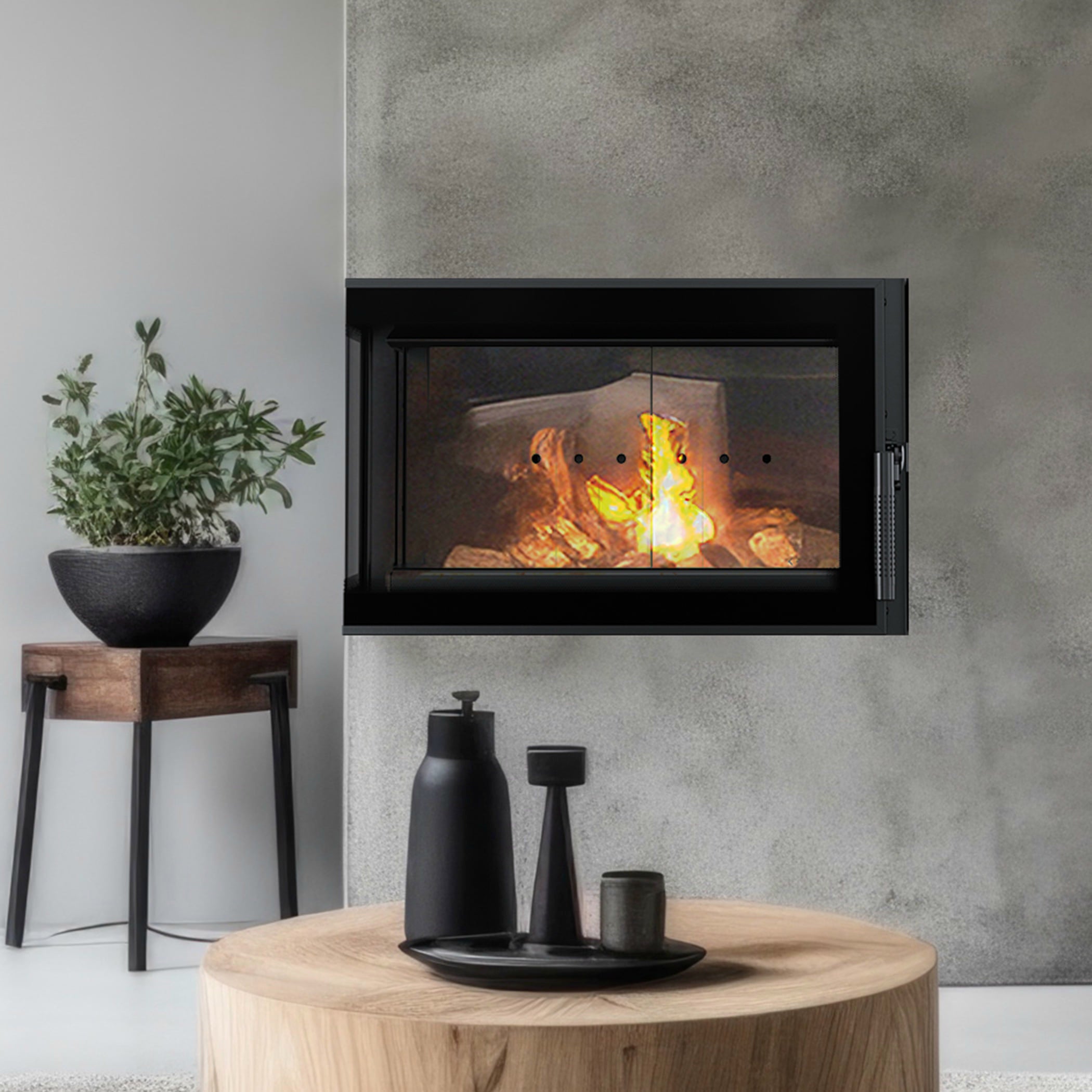 Kamineinsatz aus Stahl SIMPLE links 6 kW Ø 150 schwarz Verkleidung