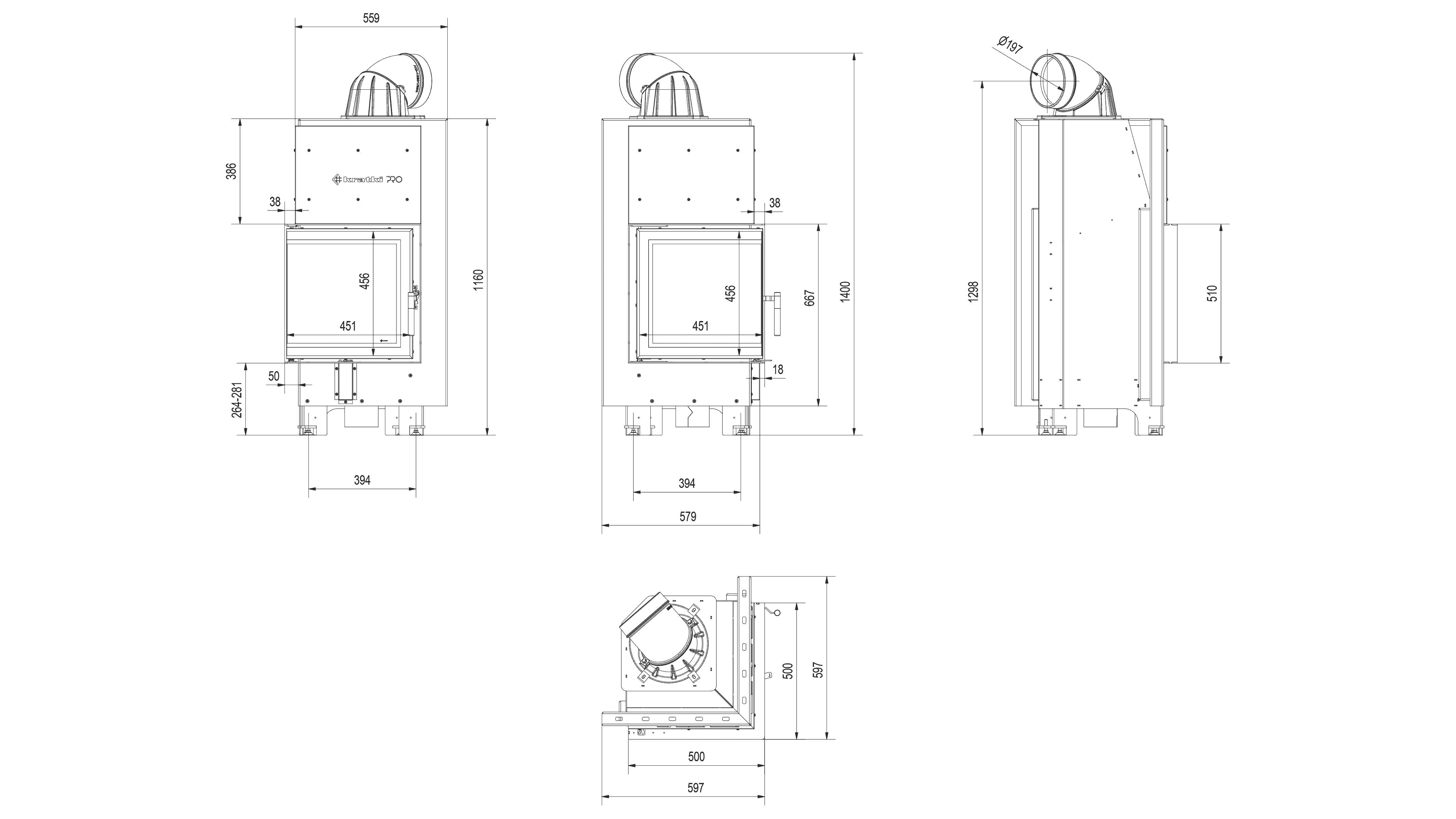 Kamineinsatz aus Stahl MBN - 8 kW Ø 200 - Stahlfront mit Siebdruckglas