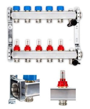Edelstahlverteiler für FBH mit 5 Heizkreisen