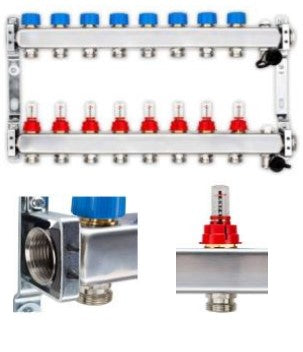 Edelstahlverteiler für FBH mit 8 Heizkreisen