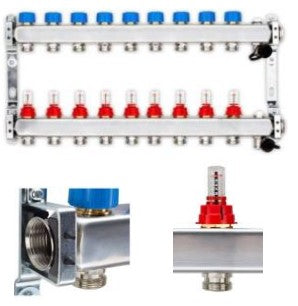 Edelstahlverteiler für FBH mit 9 Heizkreisen
