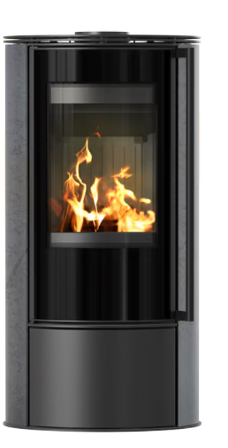 Kratki ERIK - Kaminofen aus Stahl Ø 150 5,5 kW dekorative Keramiken WHITE SATIN schwarz Verkleidung Weiss