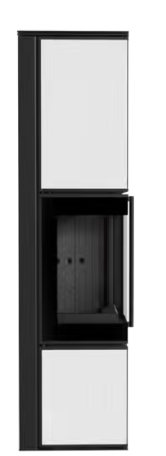 Kratki TORA/L - Kaminofen aus Stahl 8 kW Ø 150 Quarzsinter NATURALI PIETRA DI SAVOIA ANTRANCITE BOCCIARDATA schwarz Verkleidung mit Türfeder Weiss