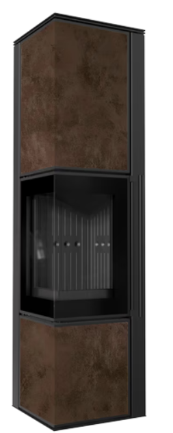 Kratki TORA/L - Kaminofen aus Stahl 8 kW Ø 150 Quarzsinter NATURALI PIETRA DI SAVOIA ANTRANCITE BOCCIARDATA schwarz Verkleidung mit Türfeder Weiss