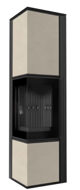 Kratki TORA/L - Kaminofen aus Stahl 8 kW Ø 150 Quarzsinter NATURALI PIETRA DI SAVOIA ANTRANCITE BOCCIARDATA schwarz Verkleidung mit Türfeder Weiss