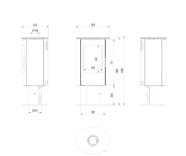 Kachelofen aus stahl AB S/N/DR mit Standfuss Ø 150 8 kW rot Kachel