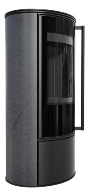 Kratki ERIK - Kaminofen aus Stahl Ø 150 5,5 kW dekorative Keramiken GRAFITE SATIN schwarz Verkleidung mit Türfeder