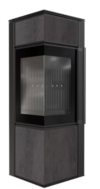 Kratki TORA/S - Kaminofen aus Stahl 8 kW Ø 150 Quarzsinter NATURALI PIETRA DI SAVOIA ANTRANCITE BOCCIARDATA schwarz Verkleidung