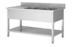 ECO Doppelspültisch 600 mit Ablagefläche links und Bodenregal als Flat-Pack