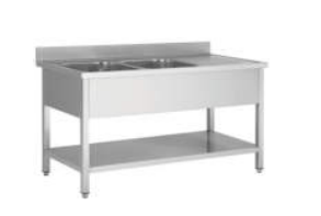 ECO Doppelspültisch 700 mit Ablagefläche rechts und Bodenregal als Flat-Pack