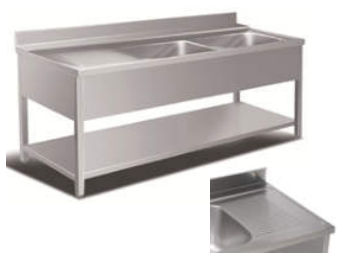 Doppelspülbecken mit Ablagefläche links und Bodenregal