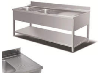 Doppelspülbecken mit Ablagefläche rechts und Bodenregal